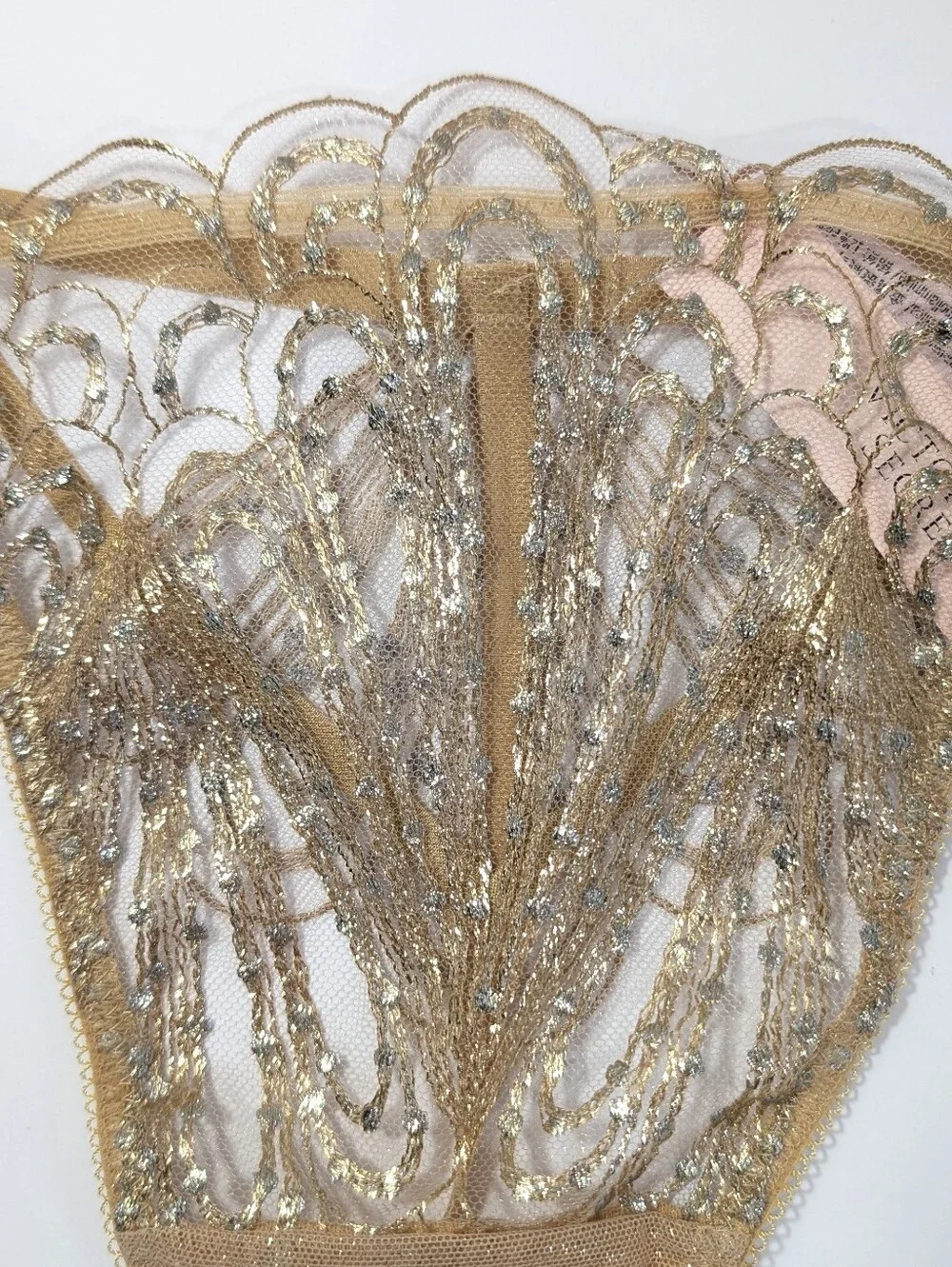 Victoria's Secret Very Sexy Showgirl V String Thong Large Embroidery Panty gold